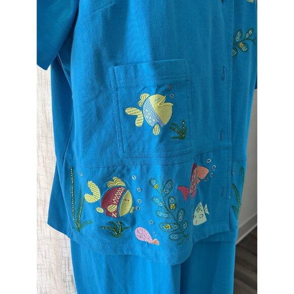 Davina Women's Artsy Size 1X blue maxi dress & jacket embroidered fish casual - Picture 12 of 15